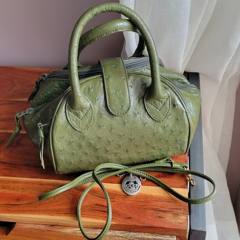 WEL JAPAN Rare OSTRICH Exotic Leather Military Green Handbag Tokyo